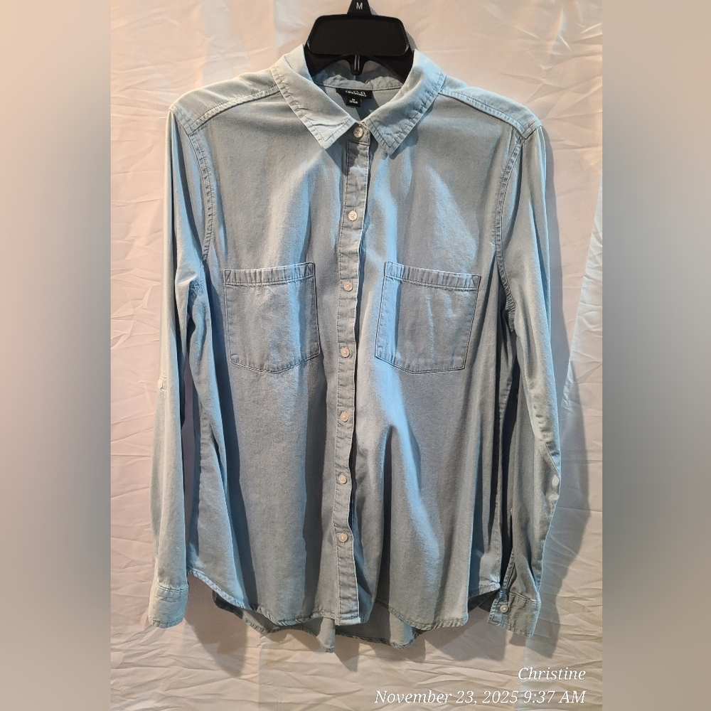 a.n.a. Soft Denim Long Sleeve Button-Up Blouse